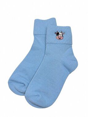 Blue Cow Face Cotton Blend Low Crew Socks Cute Animal Novelty Women's OS Unisex